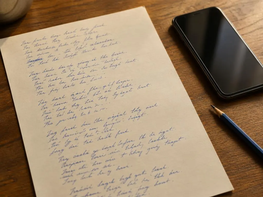Hoja con una letra escrita a mano junto a un móvil
