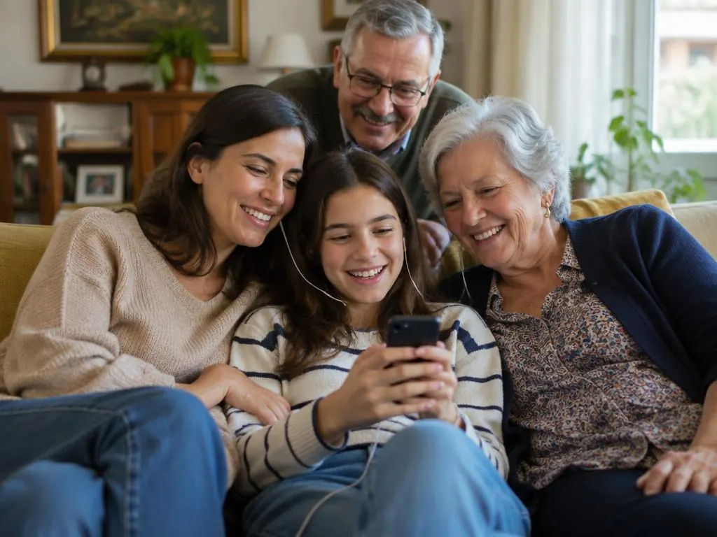Familia en el sofá escuchando una canción en el móvil y sonriendo